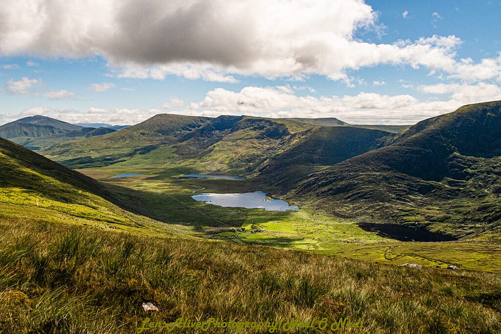 Beautiful landscape view on hillwalking route Conor Pass to Faha Car Park via Mount Brandon