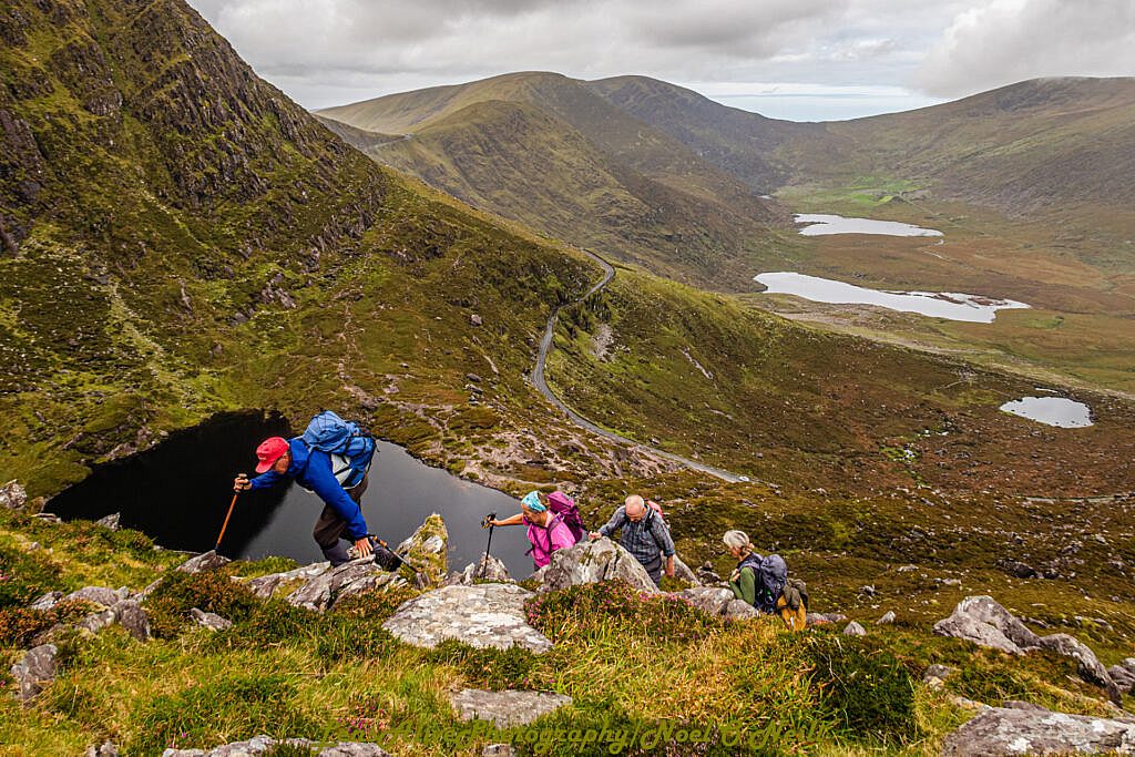 Beautiful landscape view on hillwalking route Pedlars Lake Shoulder to Chom an Áir