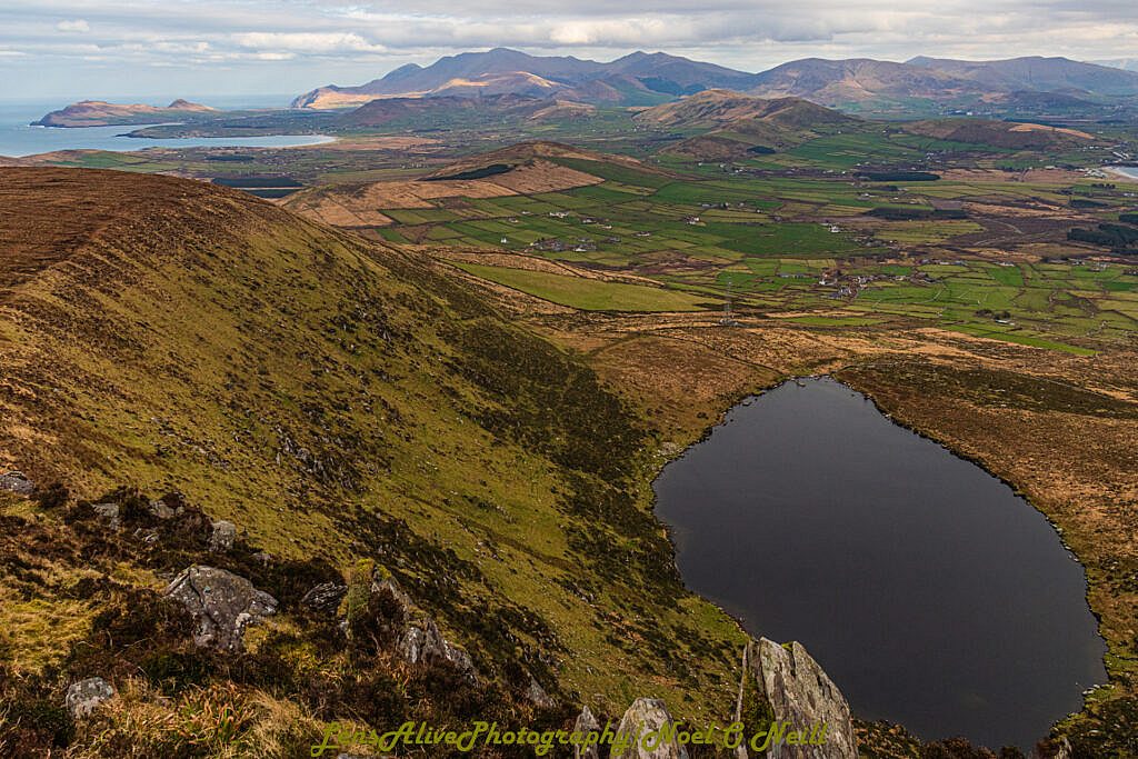Beautiful landscape view on hillwalking route Sliabh an Iolair (Mount Eagle) from Baile an Chótaigh Loop