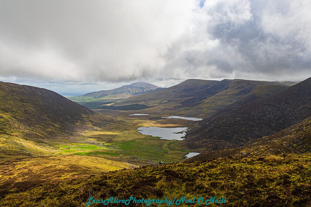 Beautiful landscape view on hillwalking route Glens to Dingle via Ballysitteragh