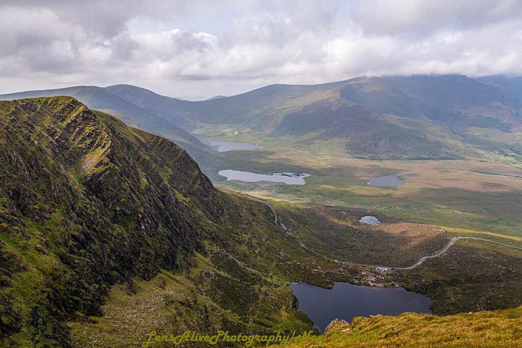 Beautiful landscape view on hillwalking route Coumanare Lakes Loop & Goulin Hill